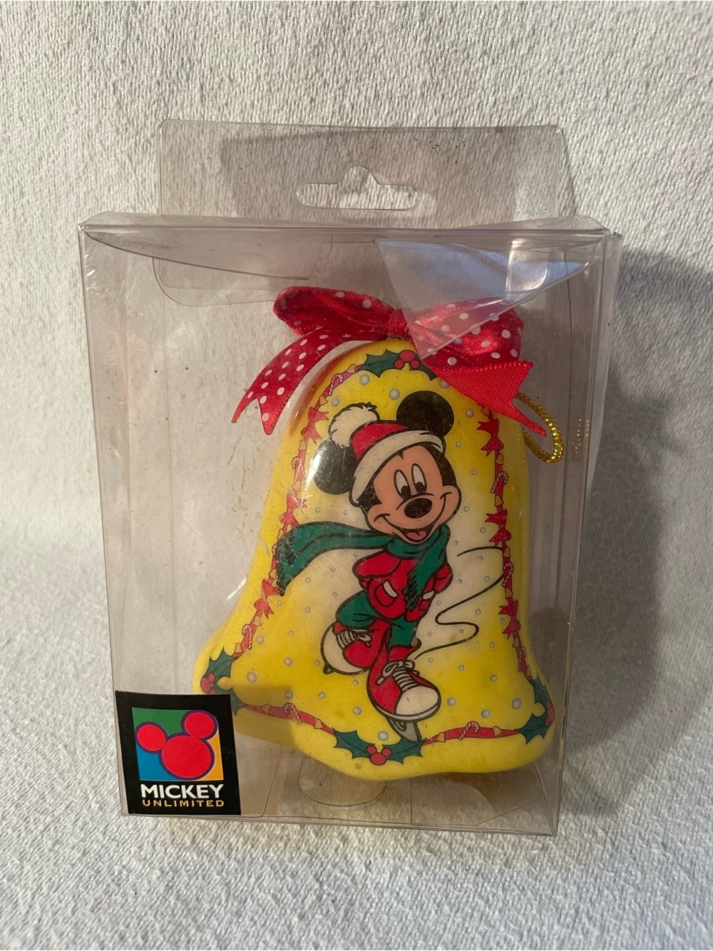 Disney Mickey Yellow Bell Ornament with Red Bow Iceskating